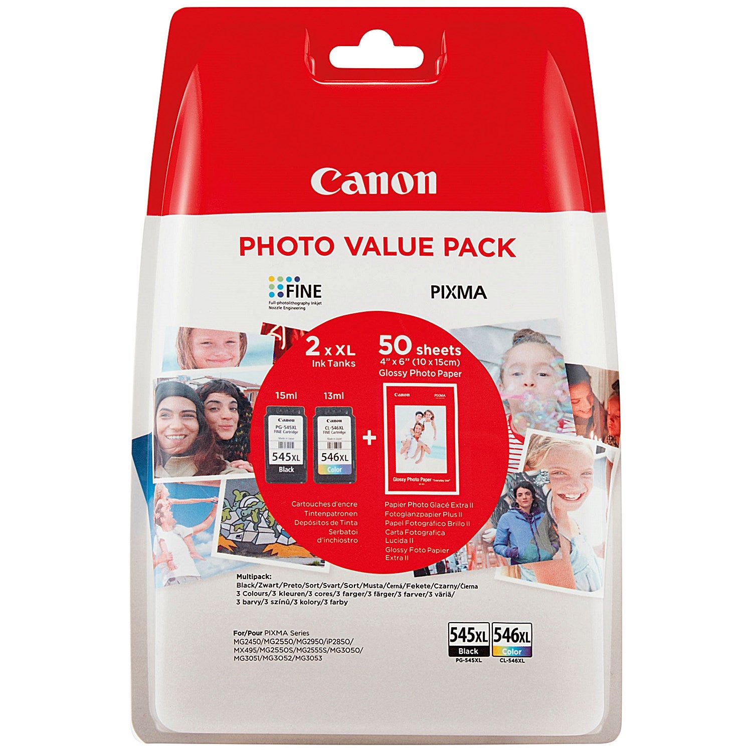 Canon PG-545XL/CL-546XL Ink Cartridges High Yield K/CMY + 4 x 6 in Photo Paper Value Pack 8286B011