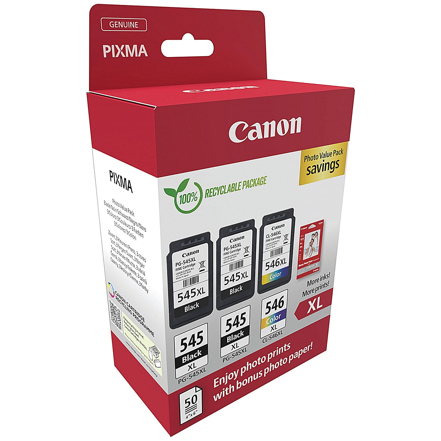 Canon PG-545XL x 2/CL-546XL Ink Cartridges High Yield K/CMY + 4x6 in Photo Paper Value Pack 8286B015