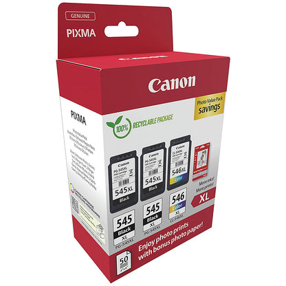 Canon PG-545XL x 2/CL-546XL Ink Cartridges High Yield K/CMY + 4x6 in Photo Paper Value Pack 8286B015