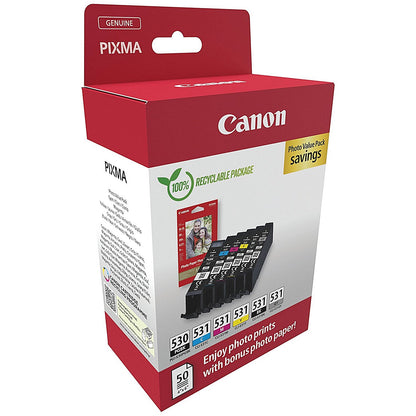 Canon PGI-530/CLI-531 Ink Cartridges PGBK/CMYK/GY + 4 x 6 in Photo Paper Value Pack 6117C004 Easy2Order : CO68312
