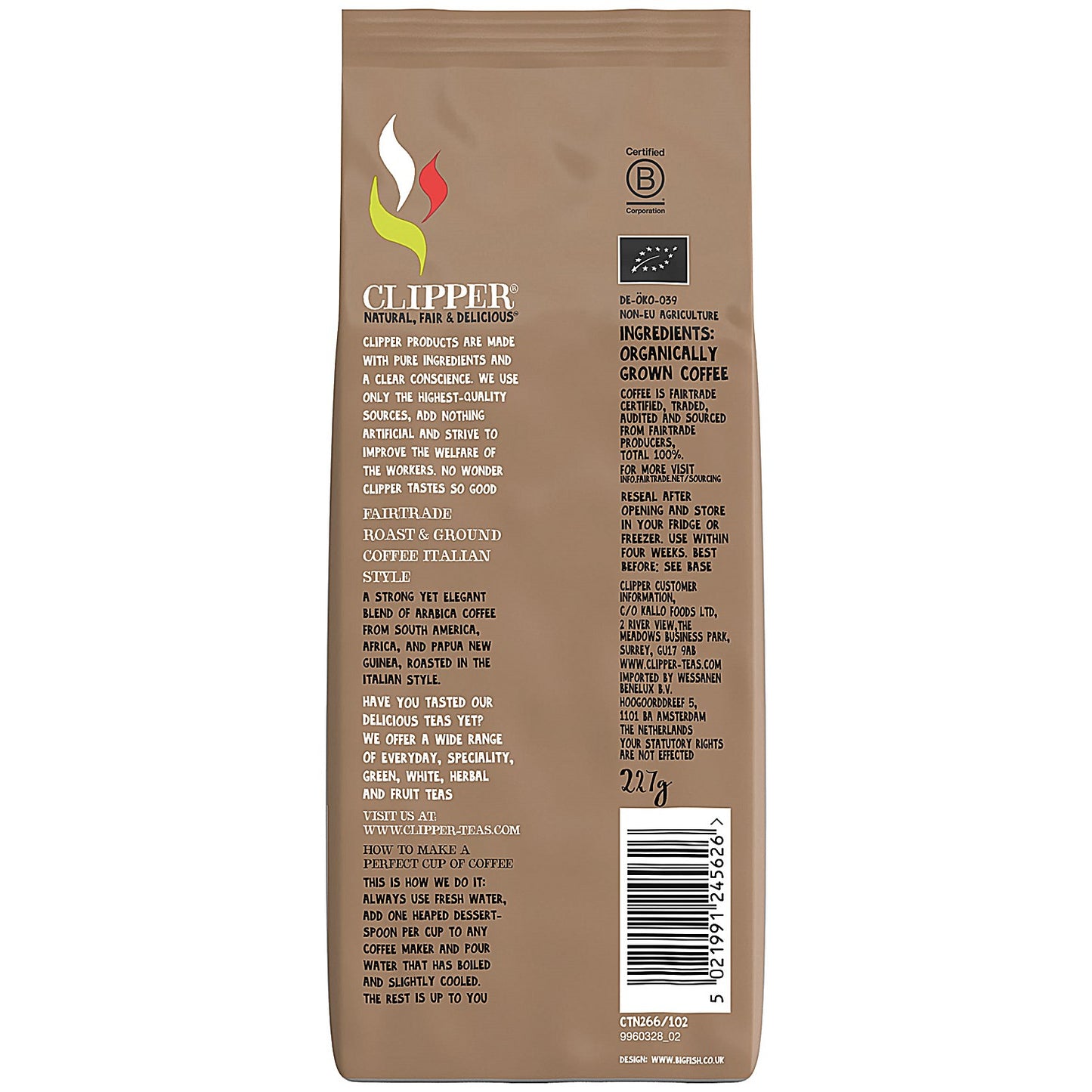Clipper Fairtrade Organic Roast and Ground Italian Style Coffee, 227g