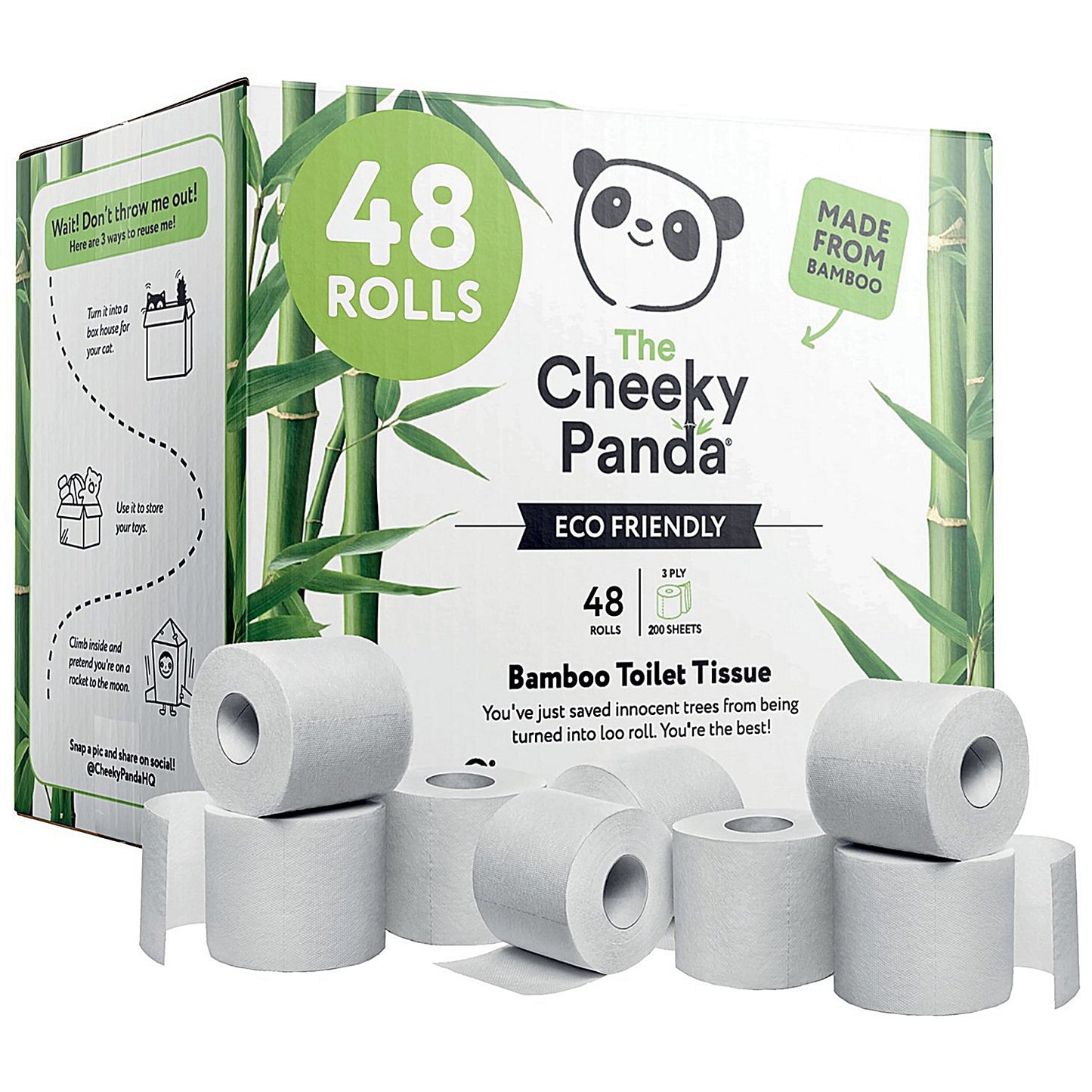 Cheeky Panda Toilet Tissue, 3-Ply, 200 Sheets Per Roll, Pack of 48