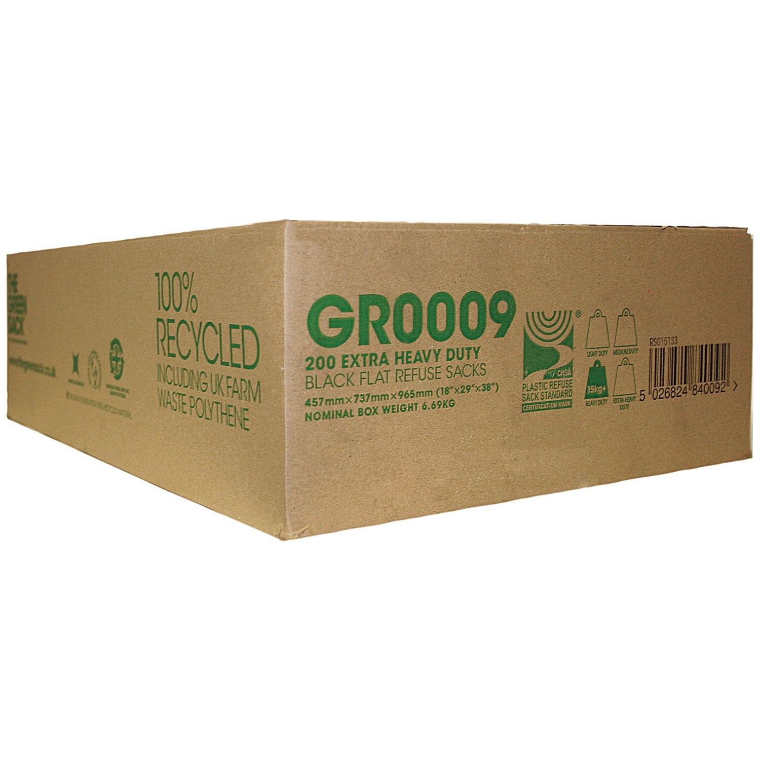 The Green Sack Extra Heavy Duty Refuse Sack, 90 Litre, Black, Pack of 200