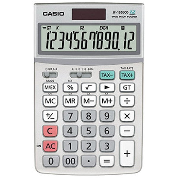 Casio Desktop Calculator, 12 Digit, Solar and Battery Power, Grey