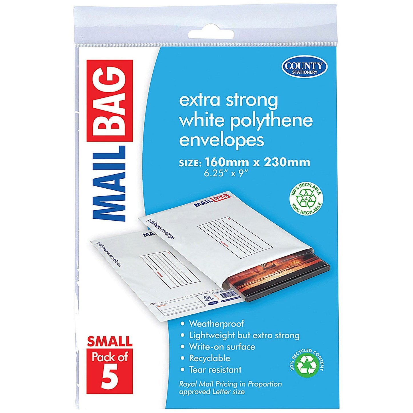 County Stationery Mail Bag Polythene Envelopes, White, Small 160x230mm, Pack of 50 Easy2Order : CTY09629