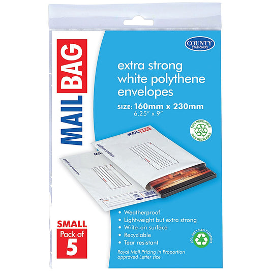 County Stationery Mail Bag Polythene Envelopes, White, Small 160x230mm, Pack of 50 Easy2Order : CTY09629