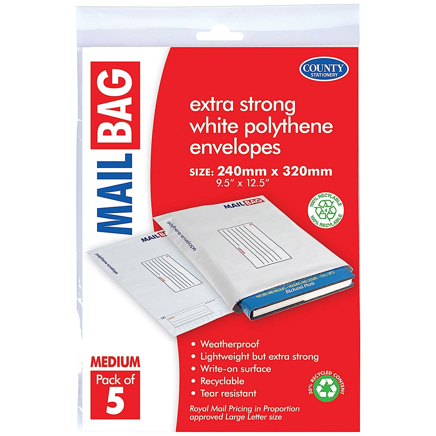 County Stationery Mail Bag Polythene Envelopes, White, Medium 240x320mm, Pack of 50 Easy2Order : CTY09631