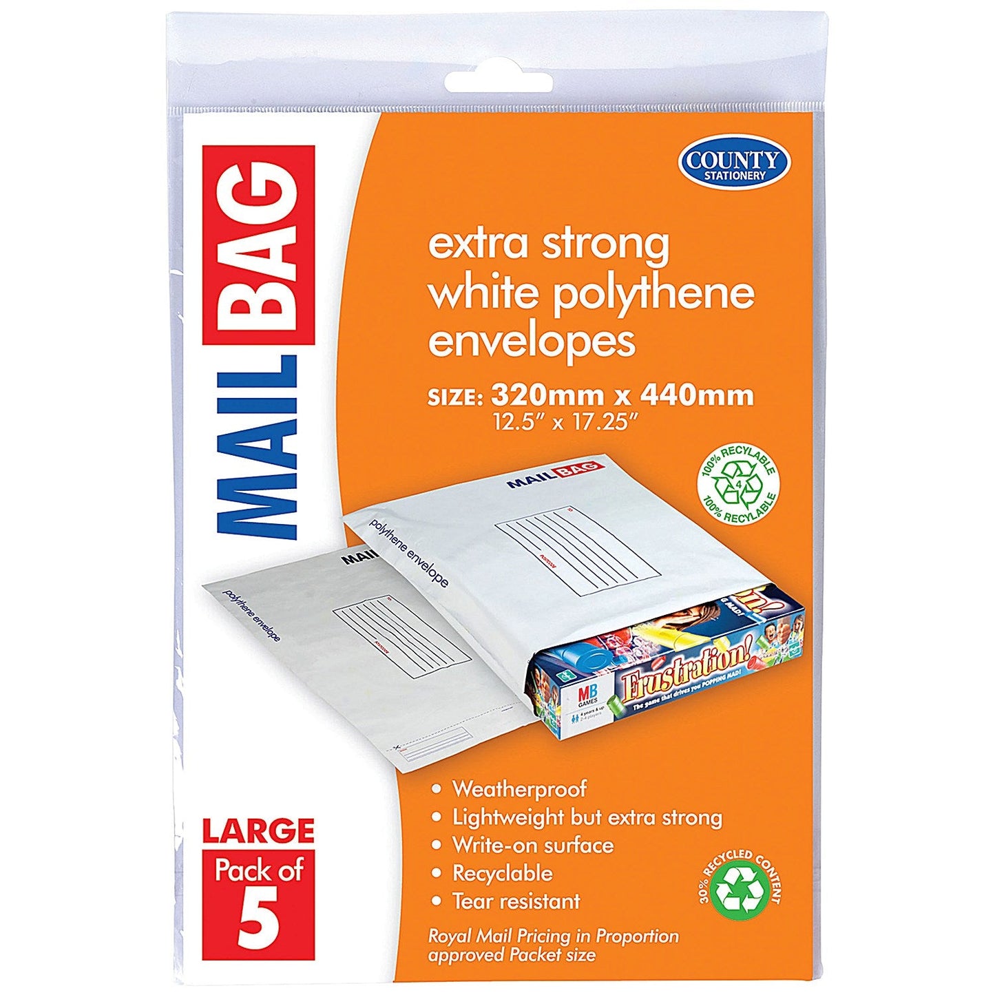County Stationery Mail Bag Polythene Envelopes, White, Large 320x440mm, Pack of 50 Easy2Order : CTY09633