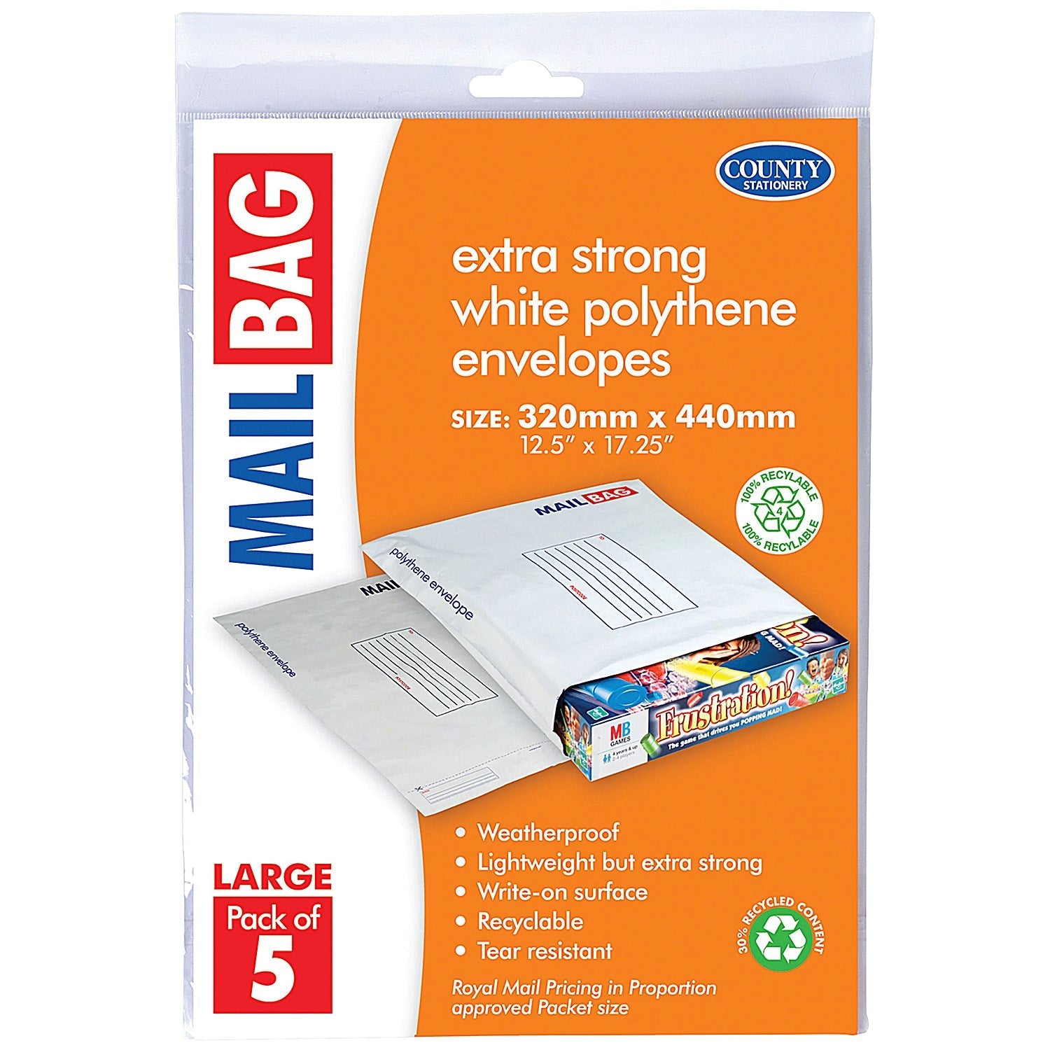 County Stationery Mail Bag Polythene Envelopes, White, Large 320x440mm, Pack of 50 Easy2Order : CTY09633