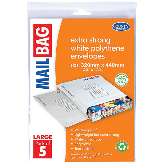 County Stationery Mail Bag Polythene Envelopes, White, Large 320x440mm, Pack of 50 Easy2Order : CTY09633