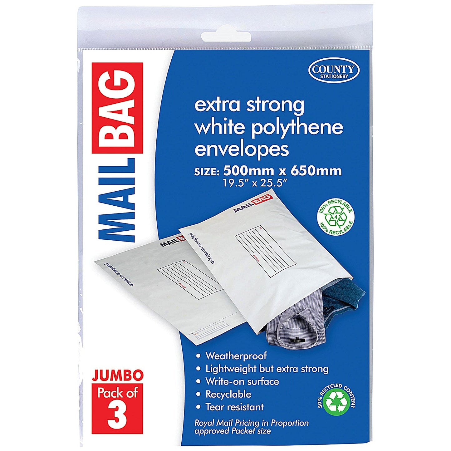 County Stationery Mail Bag Polythene Envelopes, White, Jumbo 500x650mm, Pack of 30 Easy2Order : CTY09635