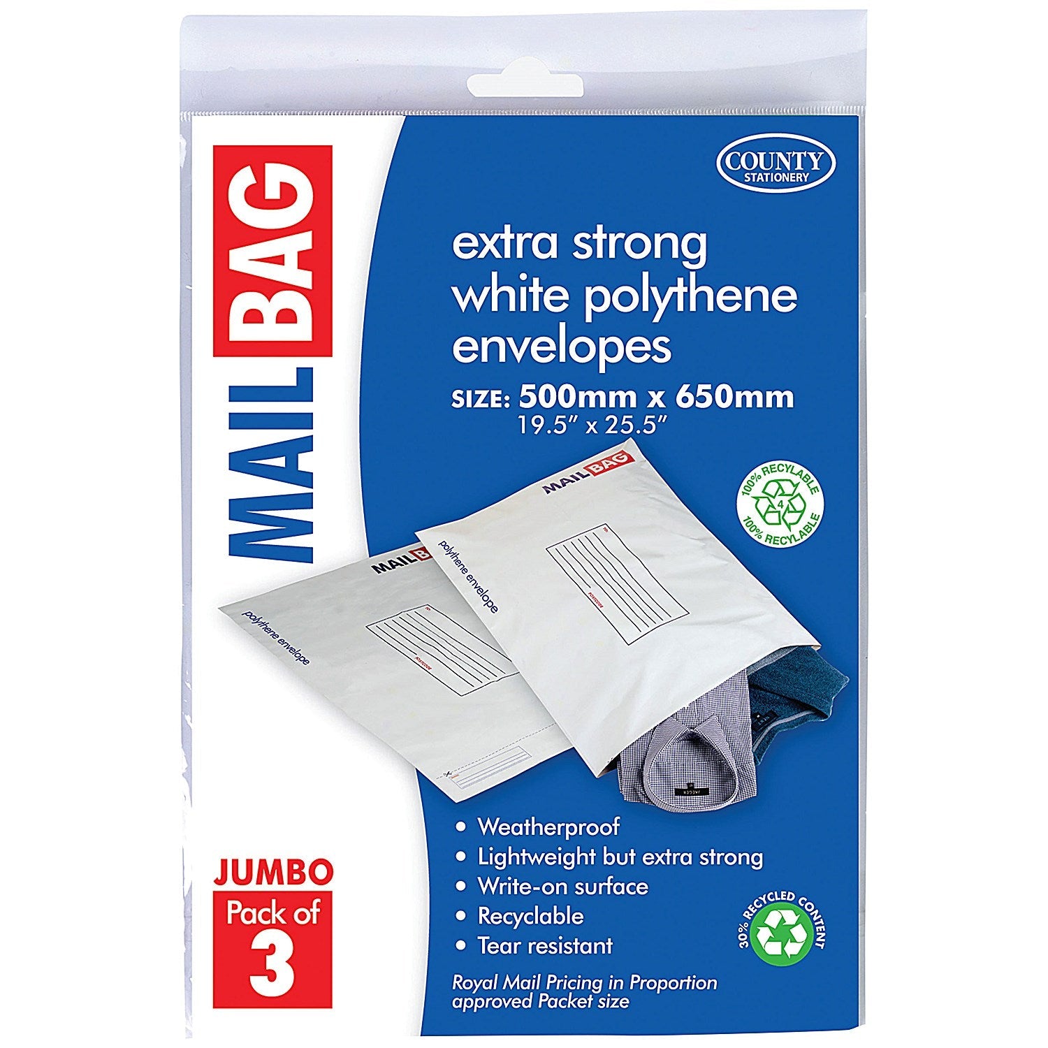 County Stationery Mail Bag Polythene Envelopes, White, Jumbo 500x650mm, Pack of 30 Easy2Order : CTY09635