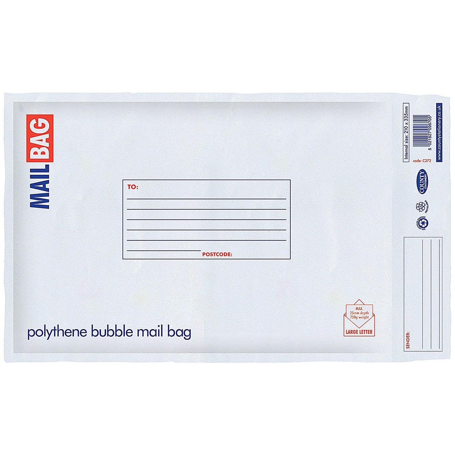 County Stationery Poly Bubble Envelopes, Medium 210x335mm, Pack of 10 Easy2Order : CTY10167