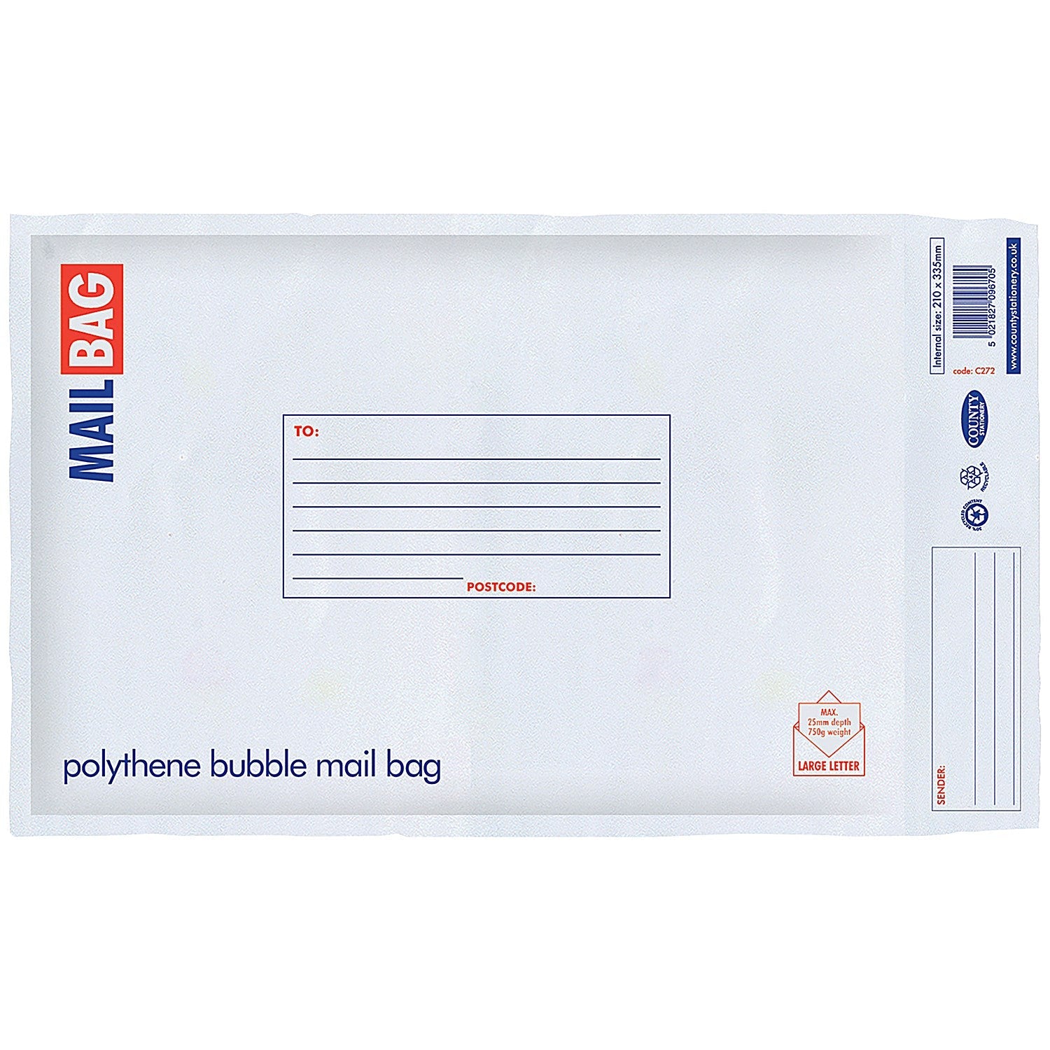 County Stationery Poly Bubble Envelopes, Medium 210x335mm, Pack of 10 Easy2Order : CTY10167