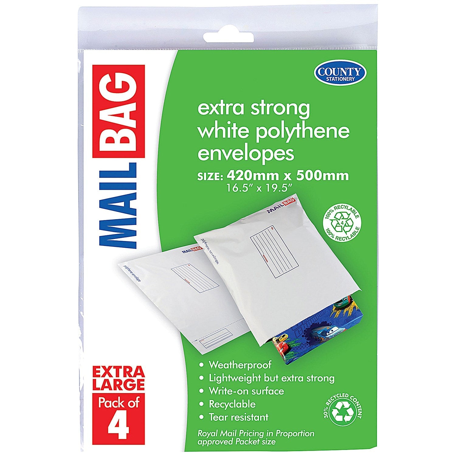 County Stationery Mail Bag Polythene Envelopes, White Extra Large 420x500mm, Pack of 40 Easy2Order : CTY11003