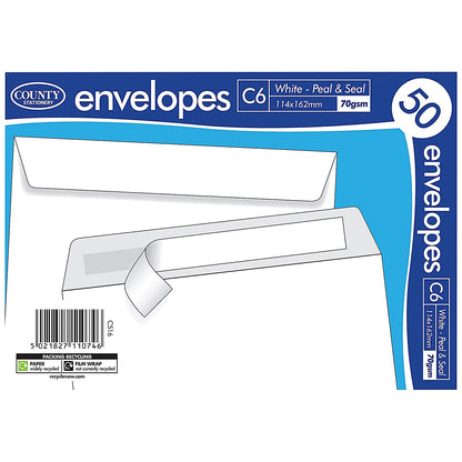 County Stationery C6 Plain Peel and Seal Envelopes, 70gsm, White Pack of 1000