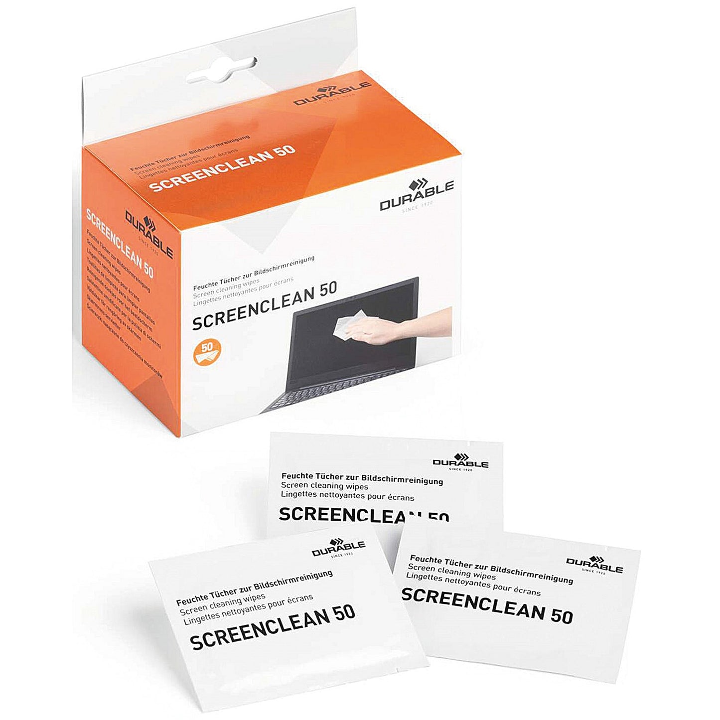 Durable Screenclean 50 Wipes, Alcohol Free, Bio-degradable, Individually Wrapped, Pack of 50