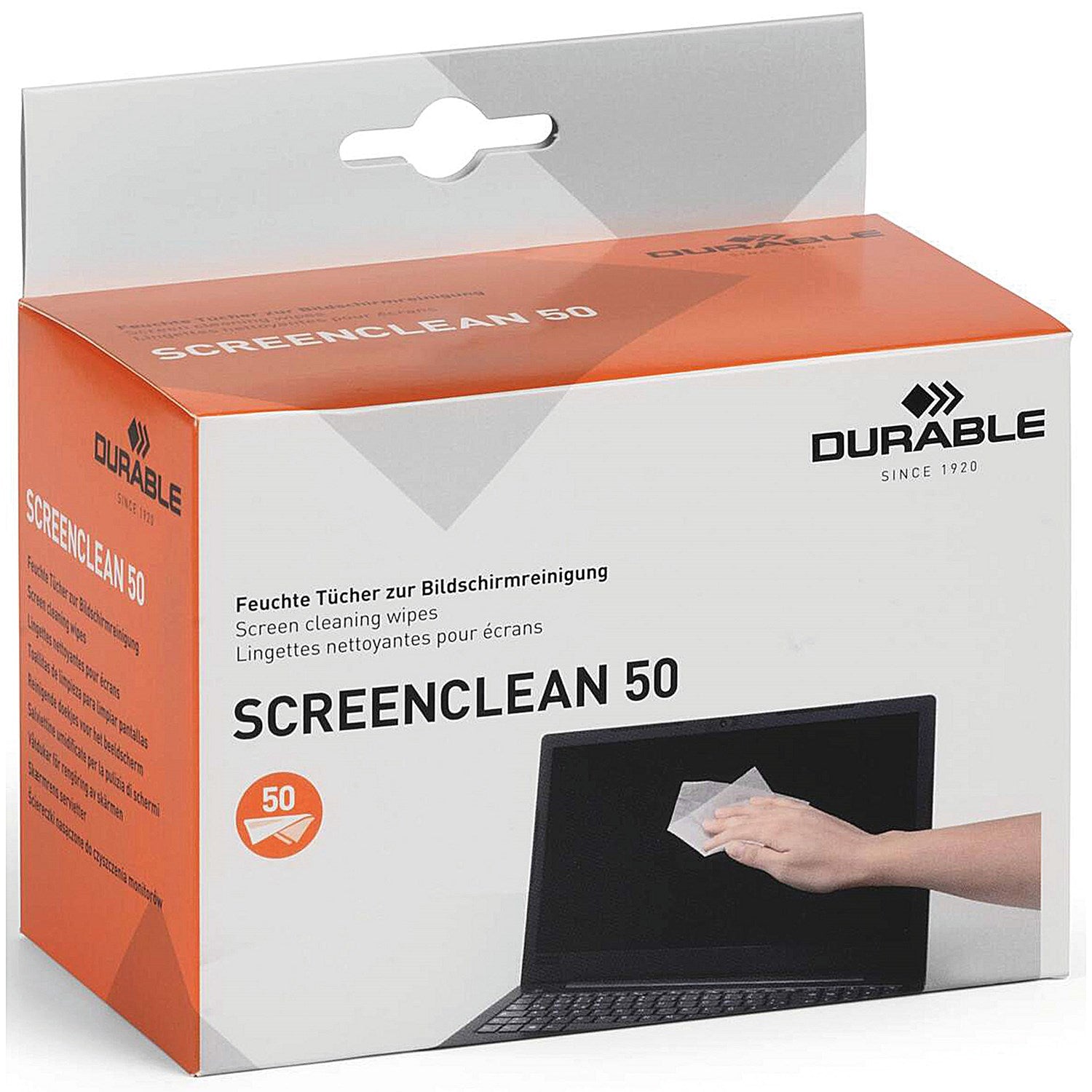 Durable Screenclean 50 Wipes, Alcohol Free, Bio-degradable, Individually Wrapped, Pack of 50