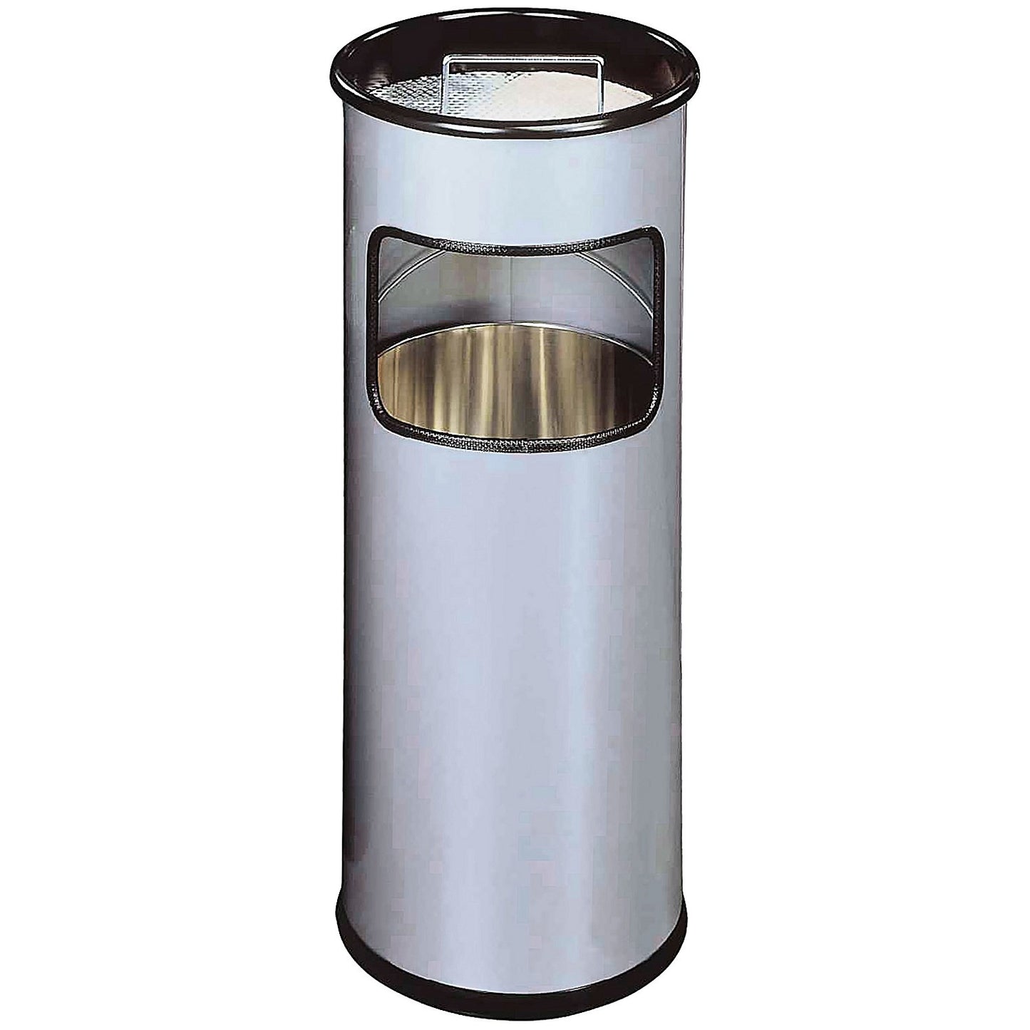 Durable Round Waste Bin with Ashtray, 17 Litre Bin and 2 Litre Ashtray, Silver