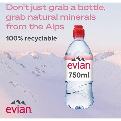 Evian Natural Still Water, Plastic Bottles, 750ml, Pack of 12
