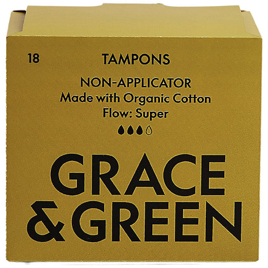 Grace and Green Organic Cotton Non Applicator Tampons, Super, Pack of 18