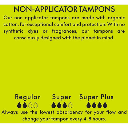 Grace and Green Organic Cotton Non Applicator Tampons, Super, Pack of 18