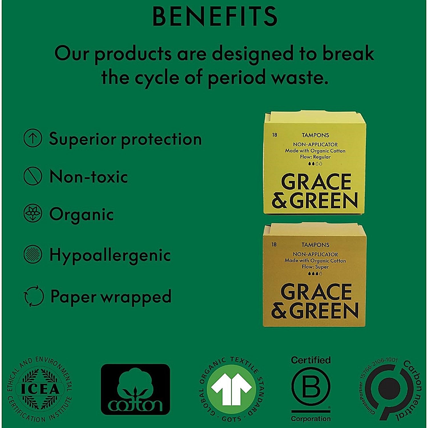 Grace and Green Organic Cotton Non Applicator Tampons, Super, Pack of 18 Easy2Order : EHC03533