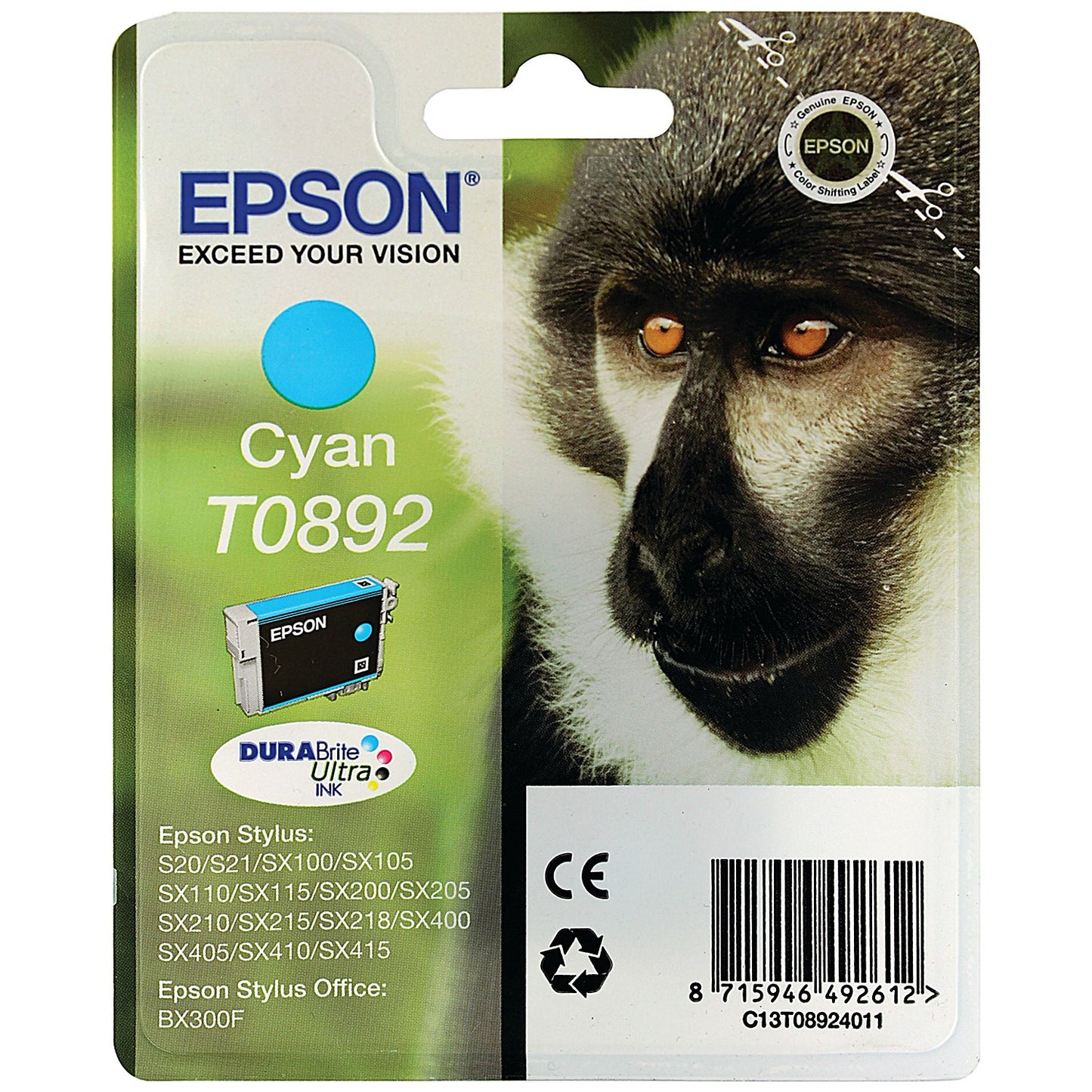 Epson T0892 Monkey DURABrite Ultra Ink Cartridge Cyan C13T08924011