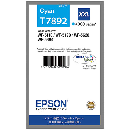 Epson T7892 DURABrite Ultra Ink Cartridge Extra High Yield Cyan C13T789240
