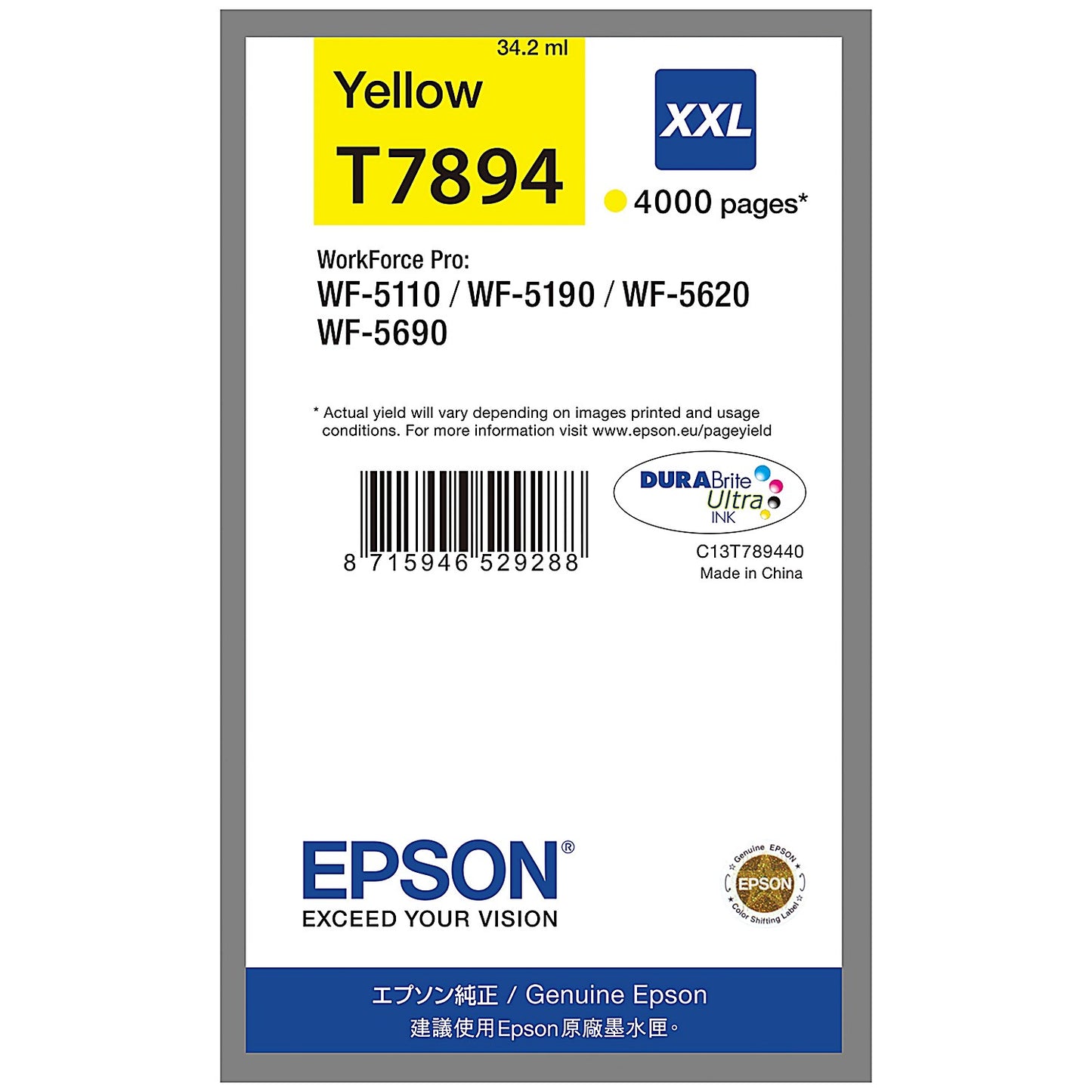 Epson T7894 DURABrite Ultra Ink Cartridge Extra High Yield Yellow C13T789440