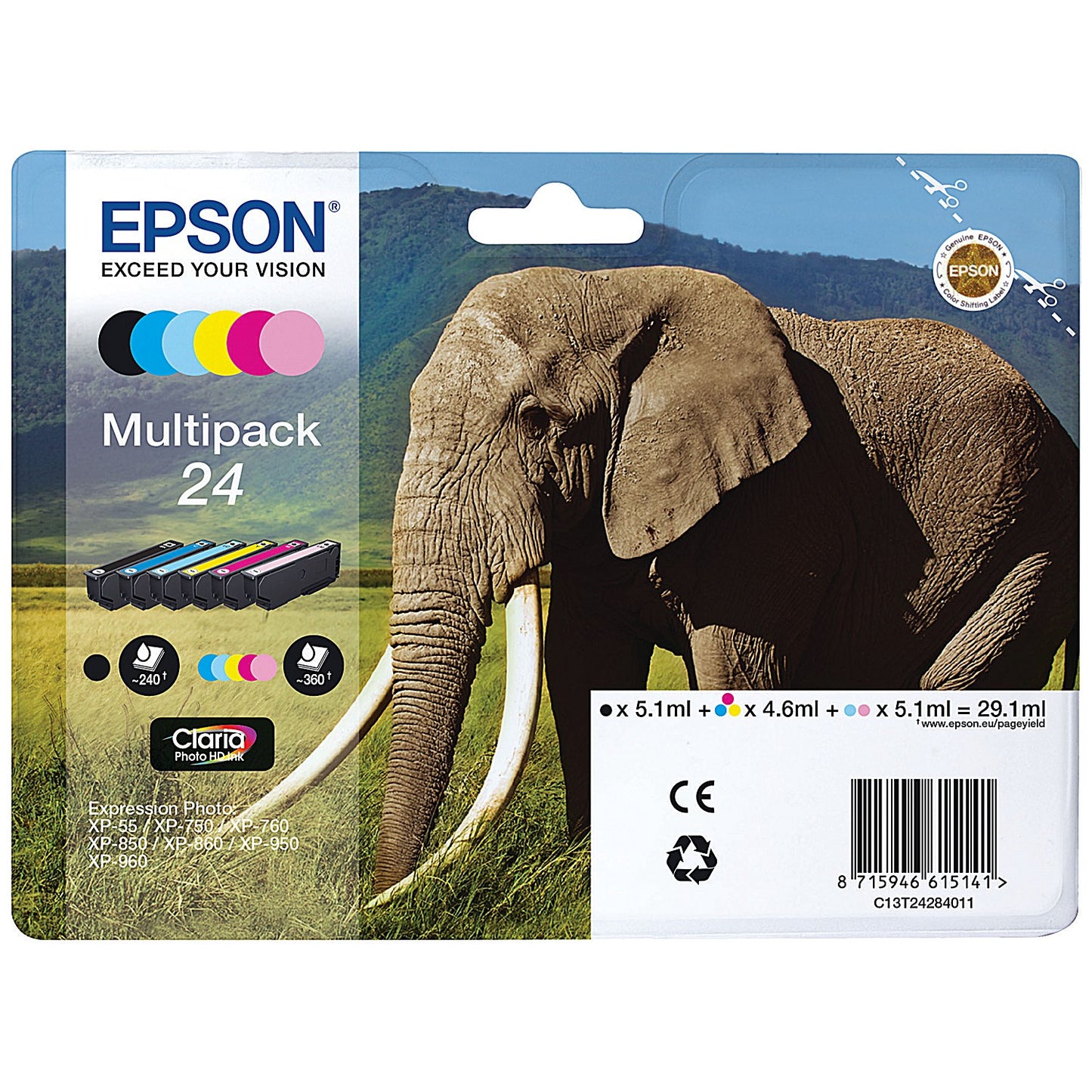 Epson 24 Elephant Claria Photo HD Ink Cartridge CMYK/Light Cyan/Light Magenta Multipack C13T24284011