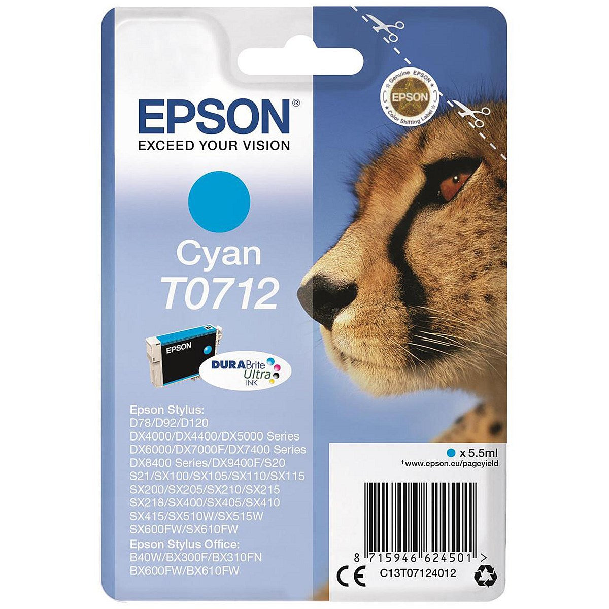 Epson T0712 Cheetah DURABrite Ultra Ink Cartridge Cyan C13T07124012