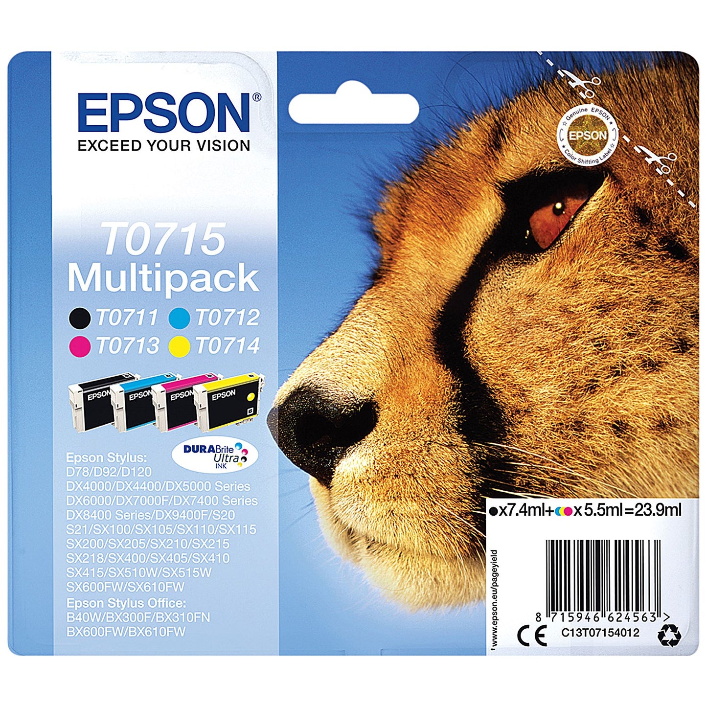 Epson T0715 DURABrite Inkjet Cartridge Multipack - Black, Cyan, Magenta and Yellow (4 Cartridges)