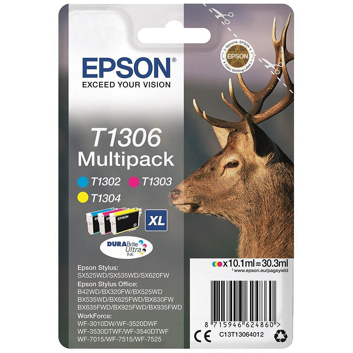 Epson T1306 XL High Yield Inkjet Cartridge Multipack - Cyan, Magenta and Yellow (3 Cartridges)