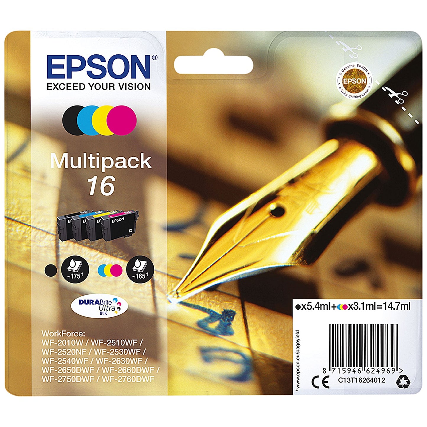 Epson 16 Inkjet Cartridge Multipack - Black, Cyan, Magenta and Yellow (4 Cartridges).