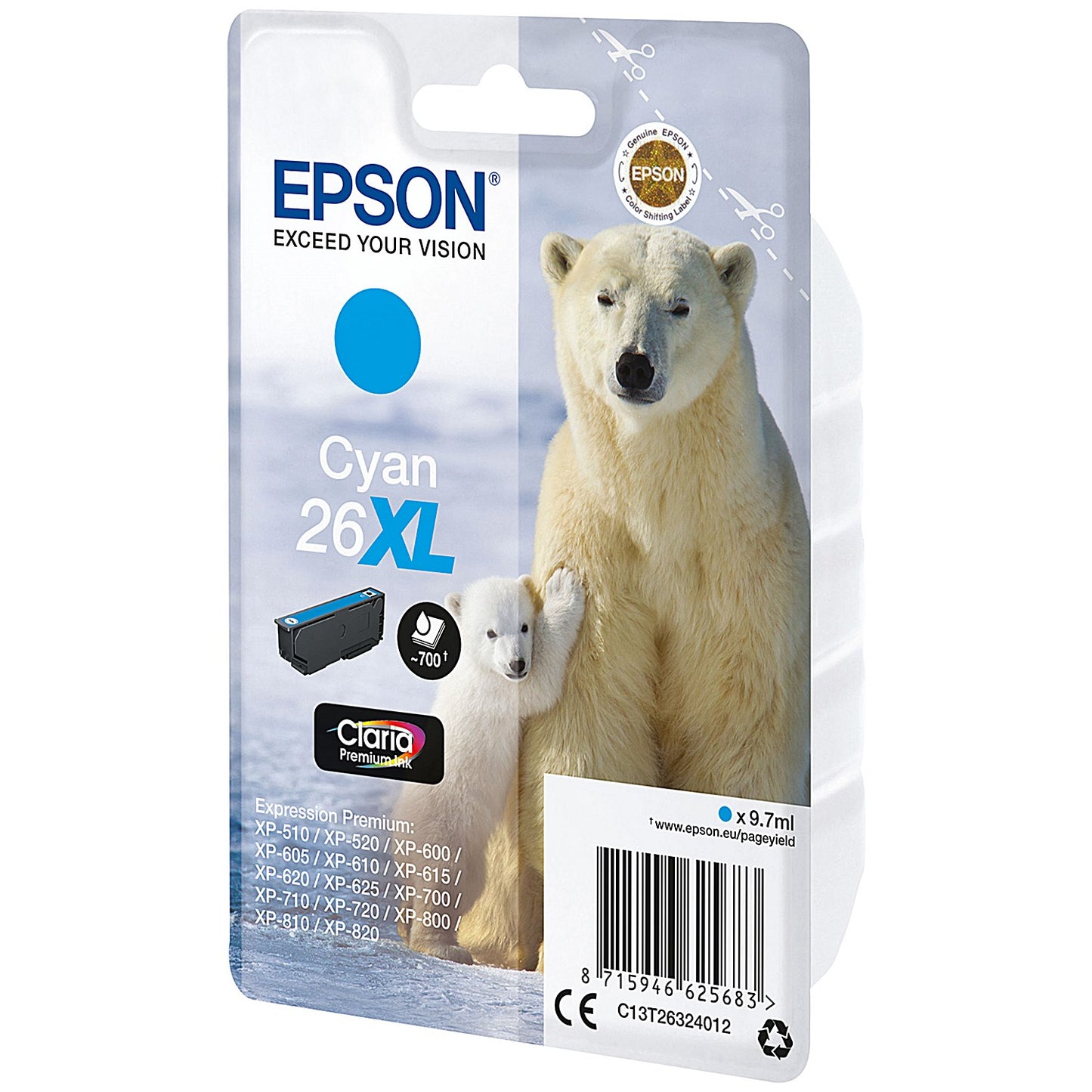 Epson 26XL Polar Bear Ink Cartridge High Yield Cyan C13T26324012