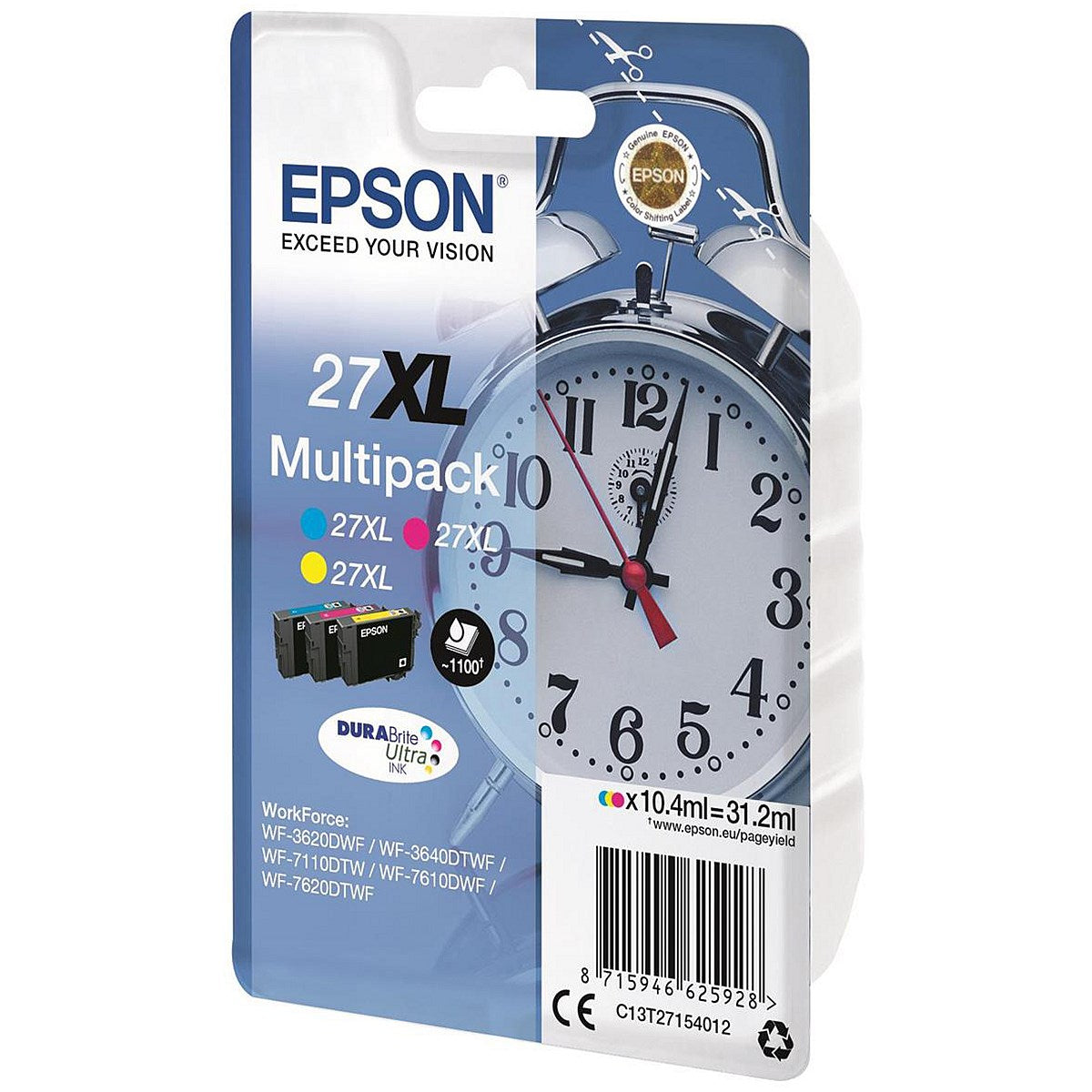 Epson 27XL High Yield Inkjet Cartridge Colour Multipack, 3 cartridges, Cyan, Magenta and Yellow