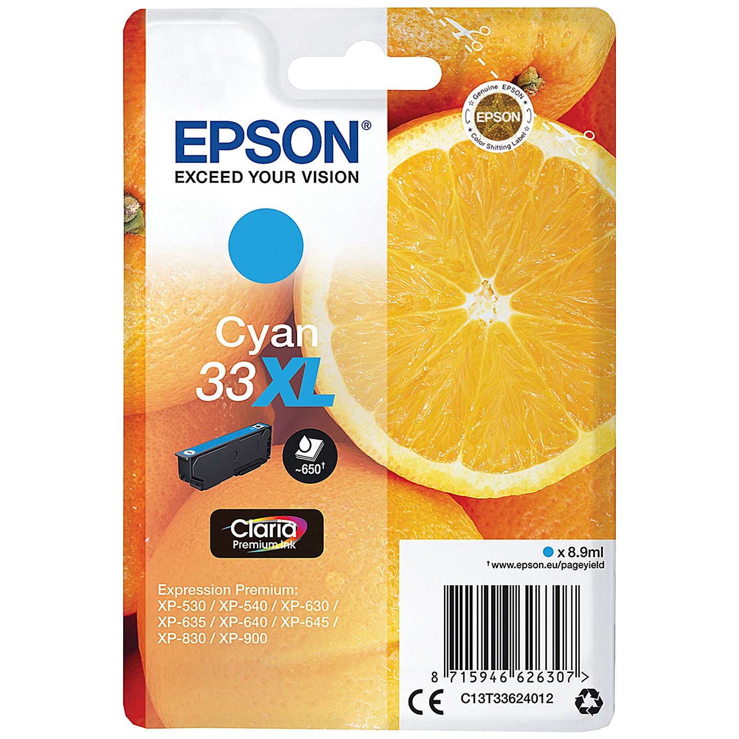 Epson 33XL Oranges Ink Cartridge High Yield Cyan C13T33624012