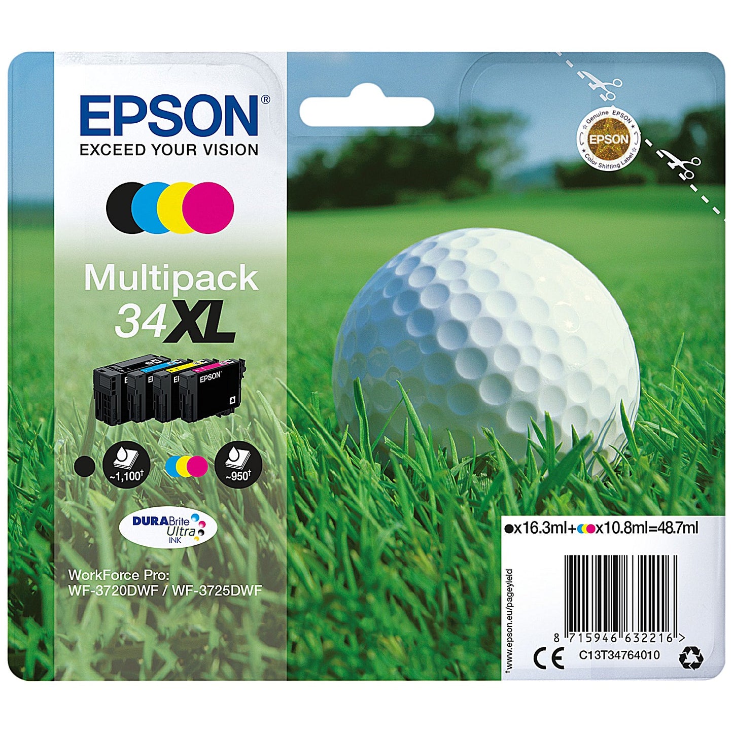 Epson 34XL Golf Ball DURABrite Ultra Ink Cartridge High Yield CMYK Multipack C13T34764010