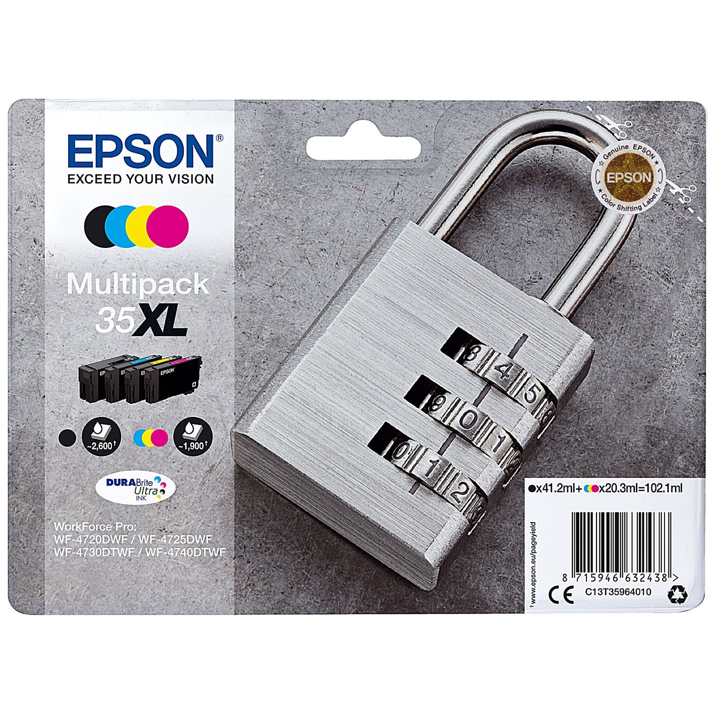 Epson 35XL Padlock DURABrite Ultra Ink Cartridge High Yield CMYK Multipack C13T35964010