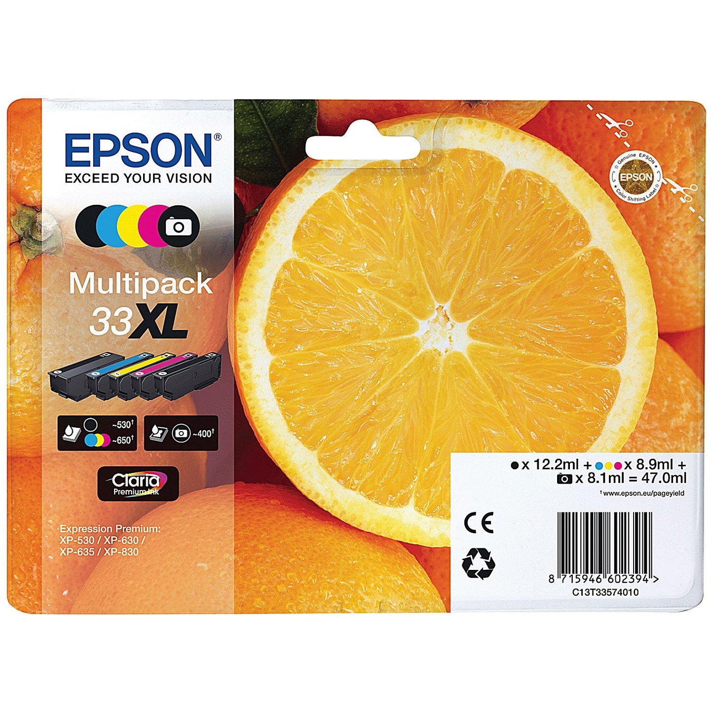 Epson 33XL Oranges Claria Premium Ink Cartridge High Yield CMYK/Photo Black Multipack C13T33574011 Easy2Order : EP64529