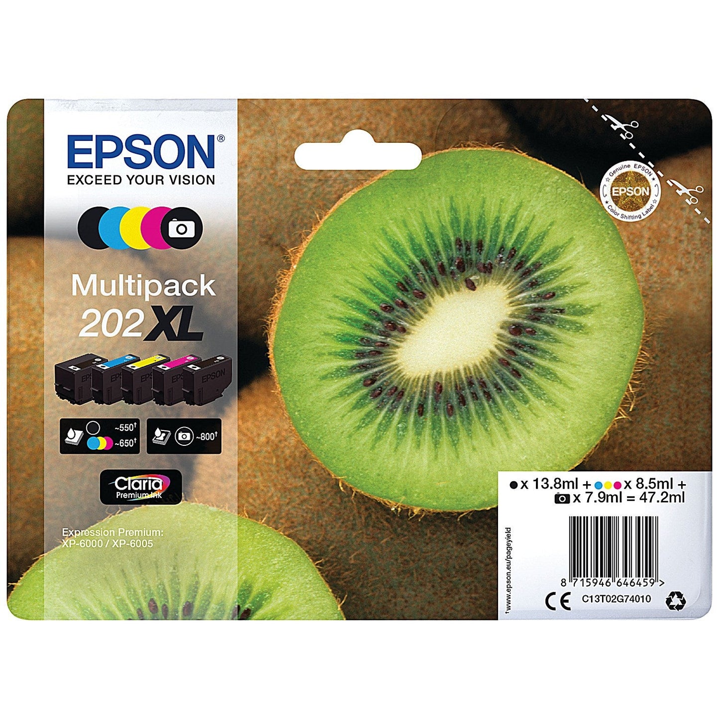 Epson 202XL Kiwi Claria Premium Ink Cartridge High Yield CMYK/Photo Black Multipack C13T02G74010 Easy2Order : EP64645