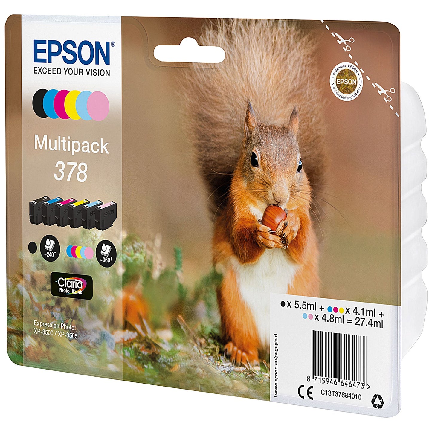 Epson 378 Squirrel Claria Photo HD Ink Cartridge CMYK/Lt Cyan/Lt Mag Multipack C13T37884010
