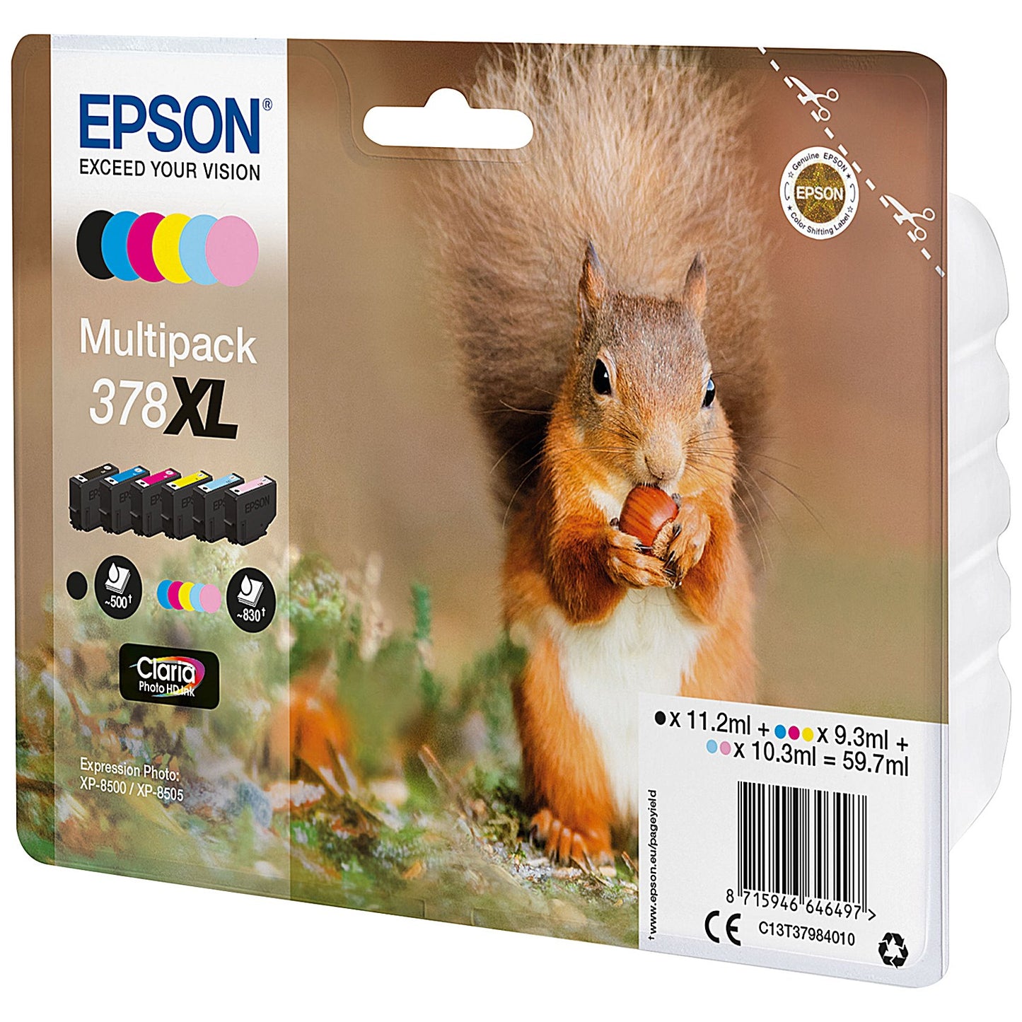 Epson 378XL Squirrel Claria Photo HD Ink Cartridge High Yield CMYK/Lt Cyan/Lt Mag Mpk C13T37984010