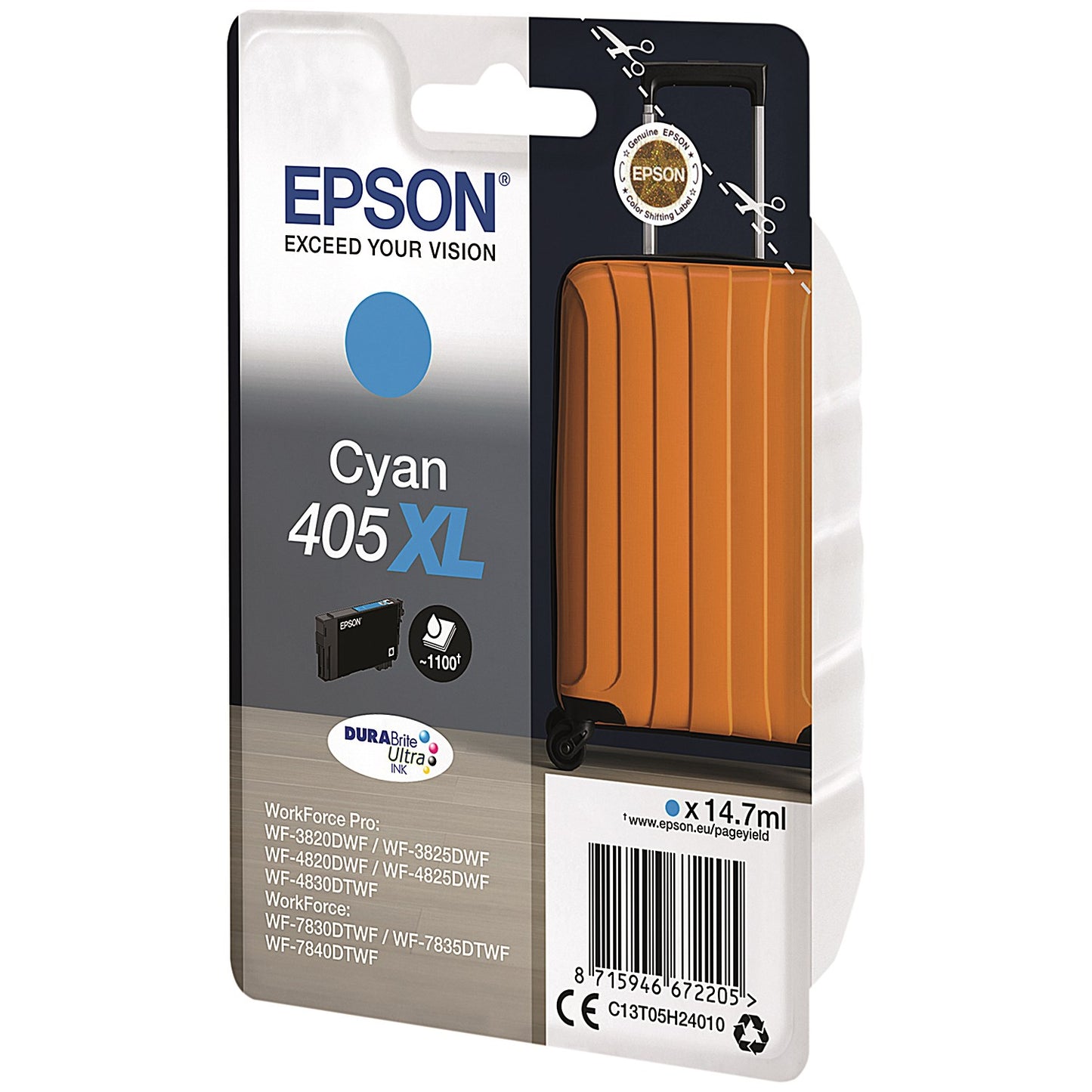 Epson 405XL Suitcase DURABrite Ultra Ink Cartridge High Yield Cyan C13T05H24010