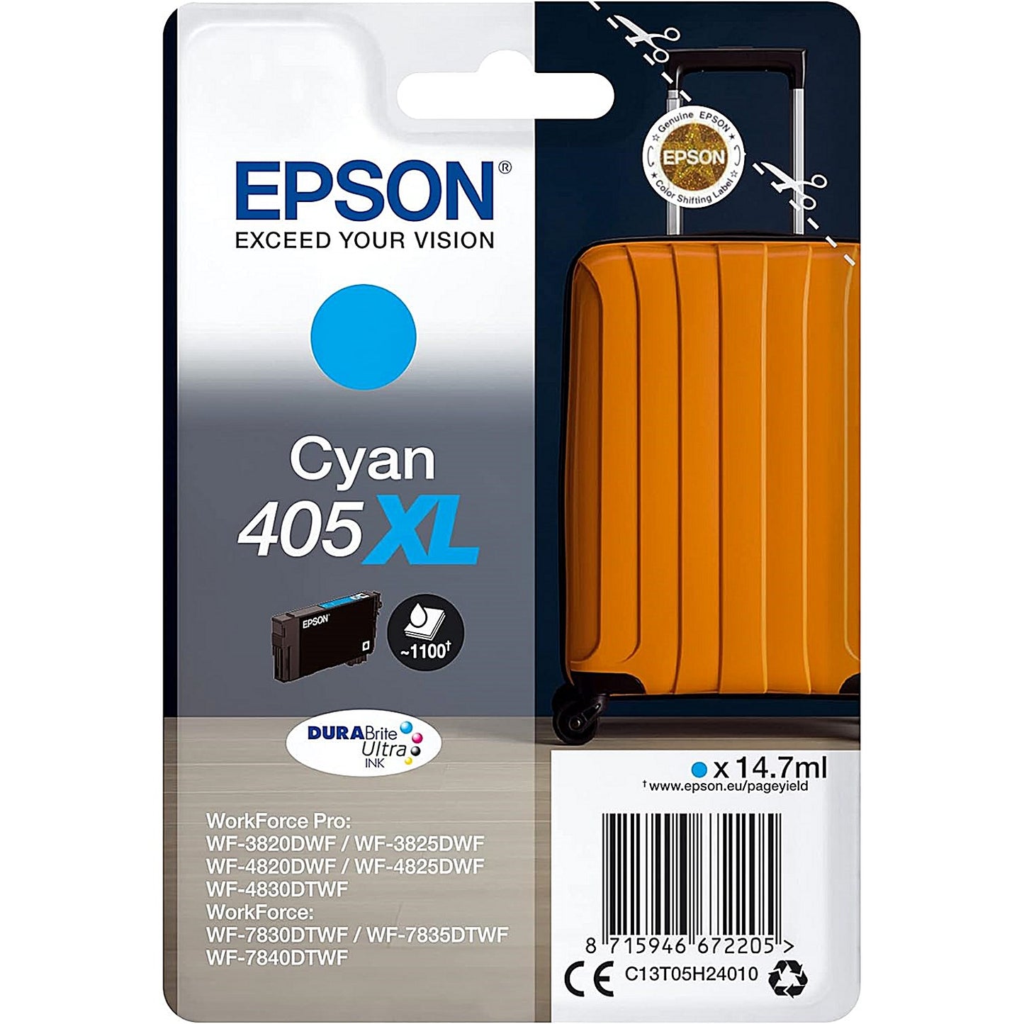 Epson 405XL Suitcase DURABrite Ultra Ink Cartridge High Yield Cyan C13T05H24010