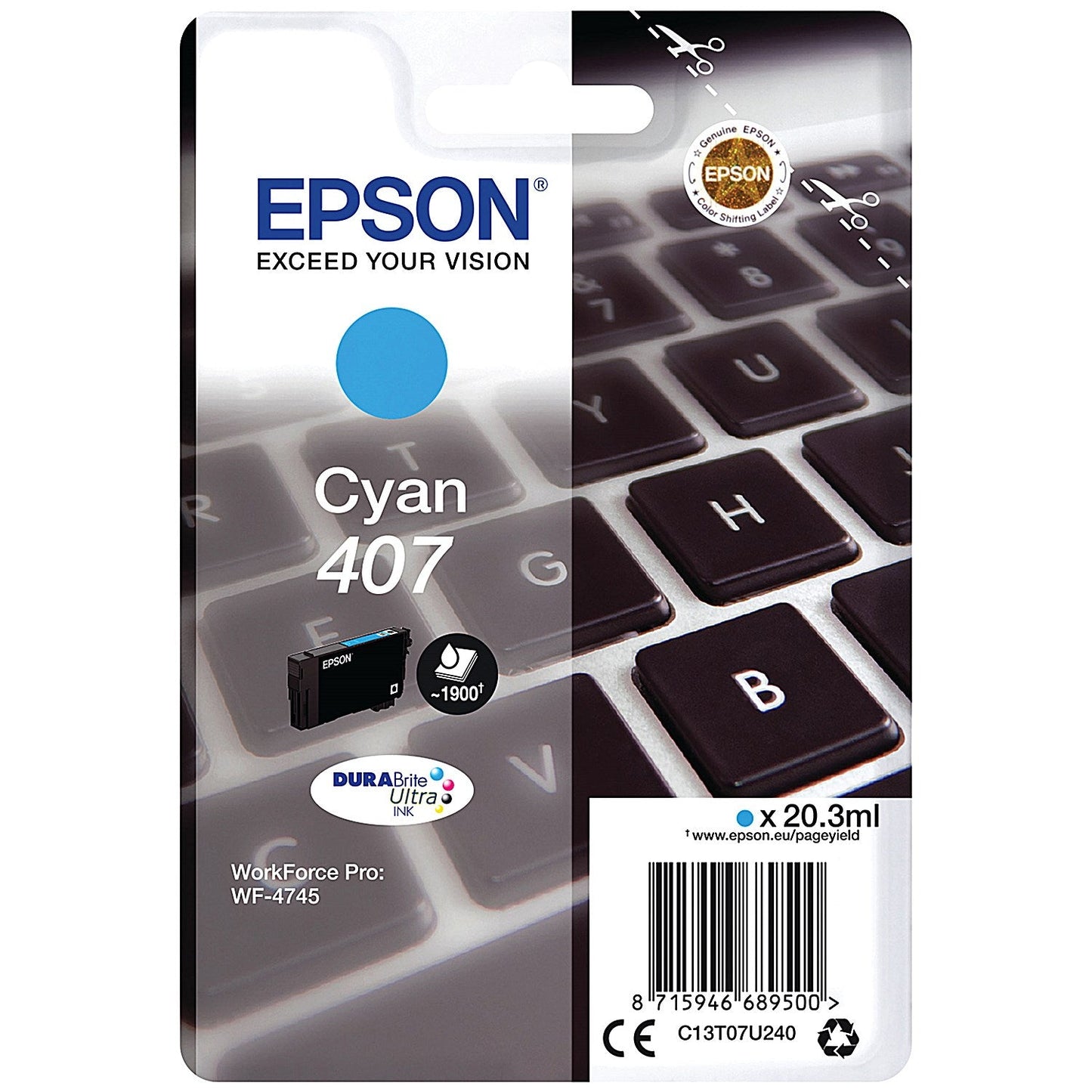 Epson 407 Keyboard DURABrite Ultra Ink Cartridge Cyan C13T07U240 Easy2Order : EP68950