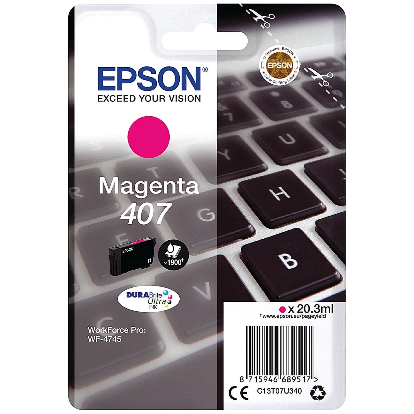 Epson 407 Keyboard DURABrite Ultra Ink Cartridge Magenta C13T07U340 Easy2Order : EP68951