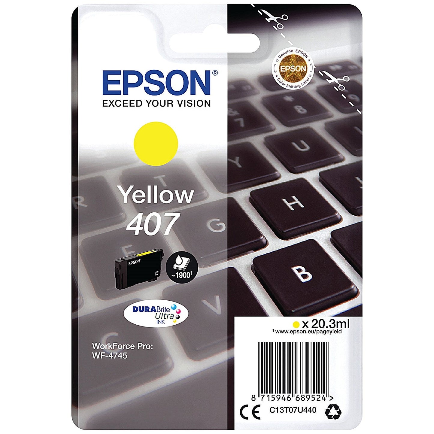 Epson 407 Keyboard DURABrite Ultra Ink Cartridge Yellow C13T07U440 Easy2Order : EP68952