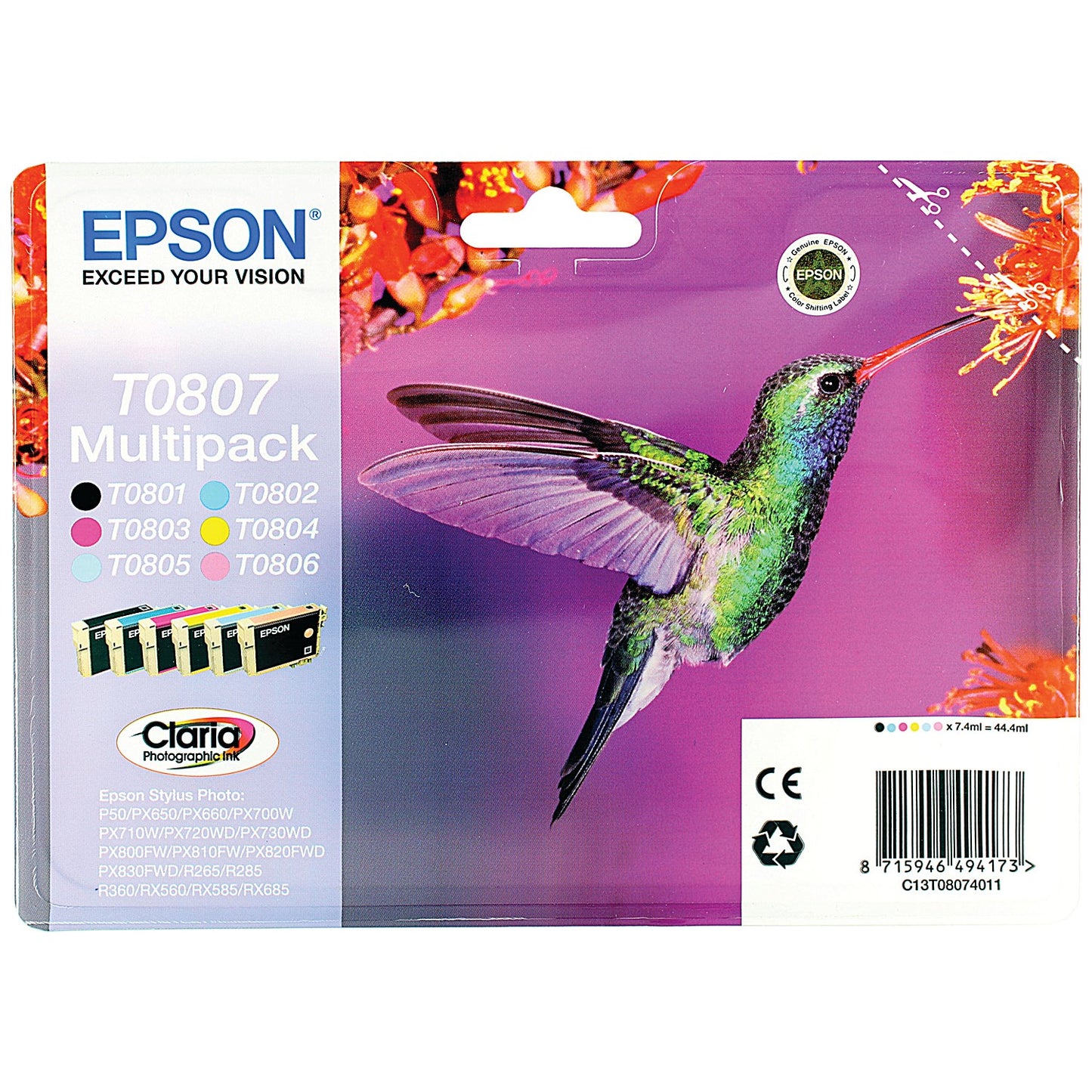 Epson T0807 Inkjet Cartridge Multipack - Black, Cyan, Magenta, Yellow, Light Cyan and Light Magenta (6 Cartridges)